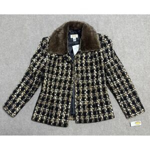 Talbots Jacket Womens 4 Petite Plaid Faux Fur Collar Wool Blend Vintage Inspired